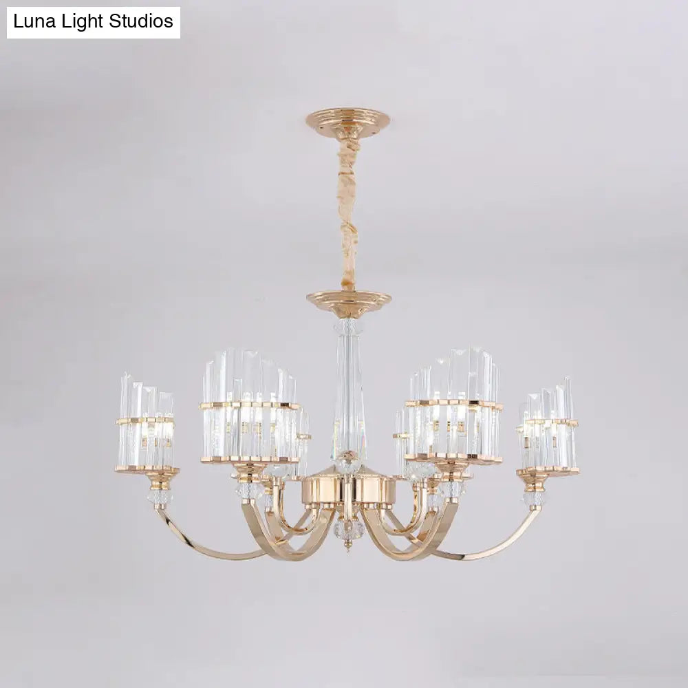 Modern Gold Swoop Arm Chandelier With Crystal Prisms - 6-Light Dining Table Suspension Lamp