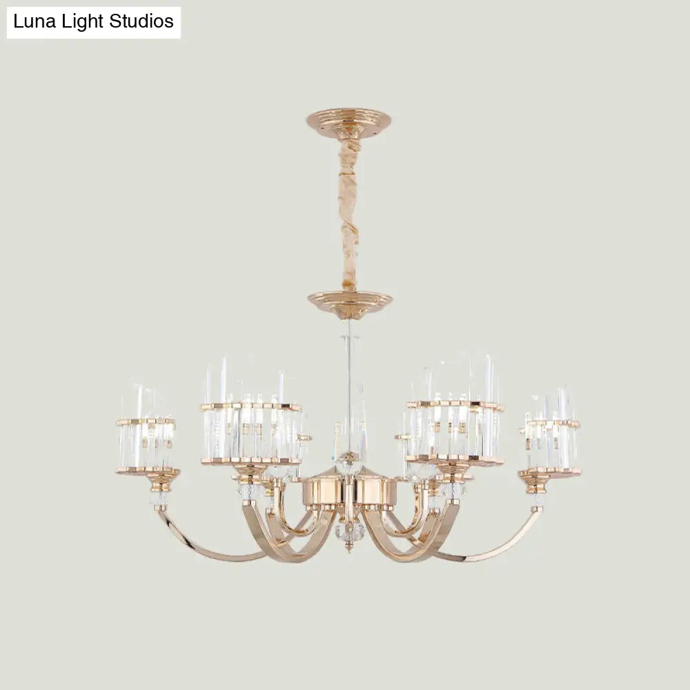 Modern Gold Swoop Arm Chandelier With Crystal Prisms - 6-Light Dining Table Suspension Lamp