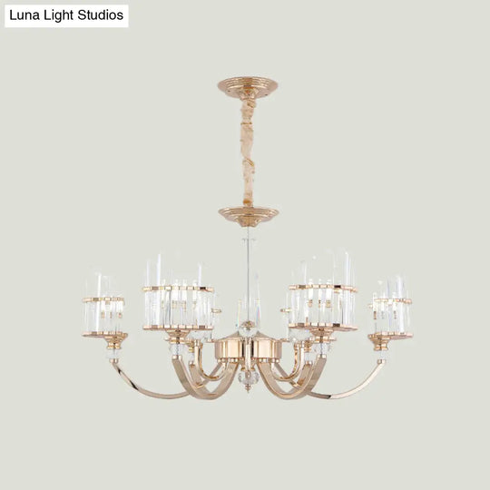 Modern Gold Swoop Arm Chandelier With Crystal Prisms - 6-Light Dining Table Suspension Lamp