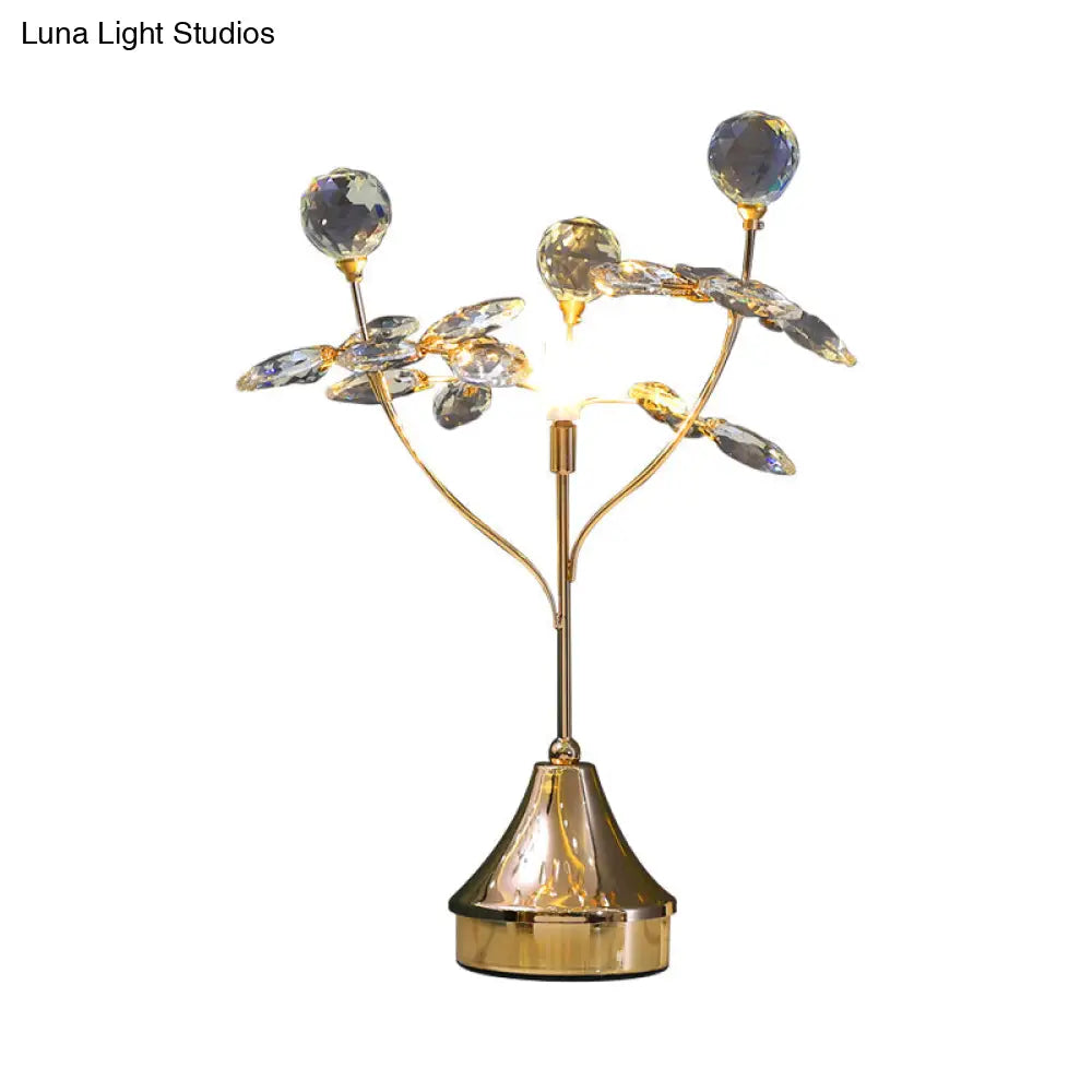 Modern Gold Table Lamp With Faceted Crystal Ball And Leaf Accent - Single Head Night Light