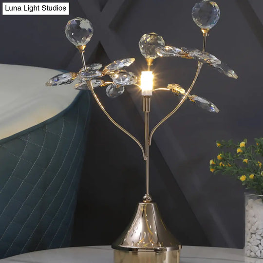 Modern Gold Table Lamp With Faceted Crystal Ball And Leaf Accent - Single Head Night Light