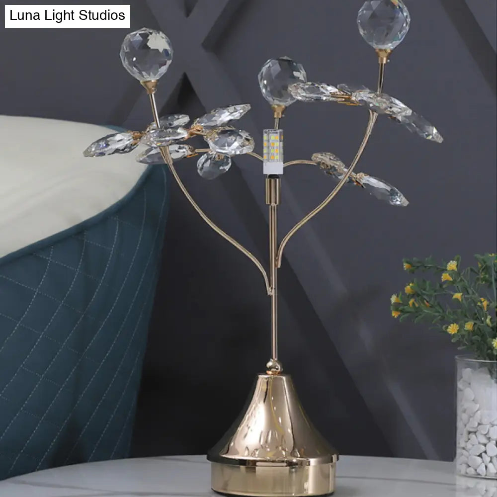 Modern Gold Table Lamp With Faceted Crystal Ball And Leaf Accent - Single Head Night Light