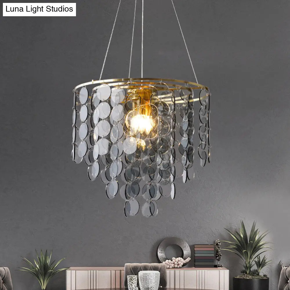 Modern Gold Taper Chandelier Lamp With Circular-Crystal Strands - 6 Heads Great Room Hanging Light