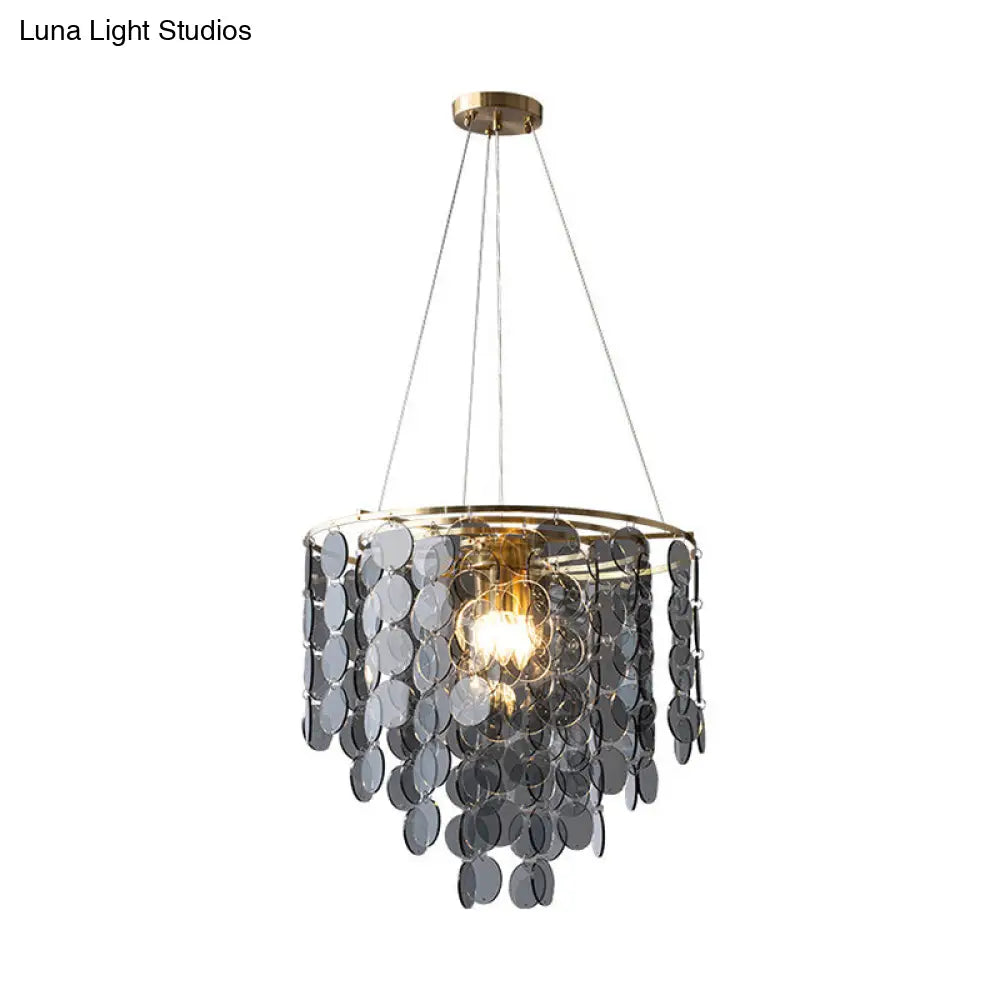 Modern Gold Taper Chandelier Lamp With Circular-Crystal Strands - 6 Heads Great Room Hanging Light