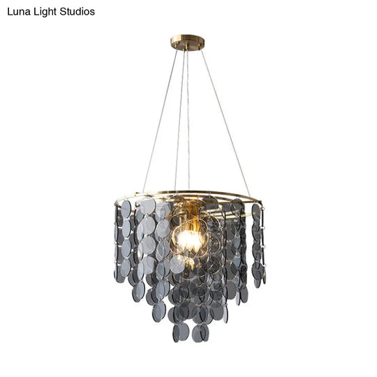 Modern Gold Taper Chandelier Lamp With Circular-Crystal Strands - 6 Heads Great Room Hanging Light