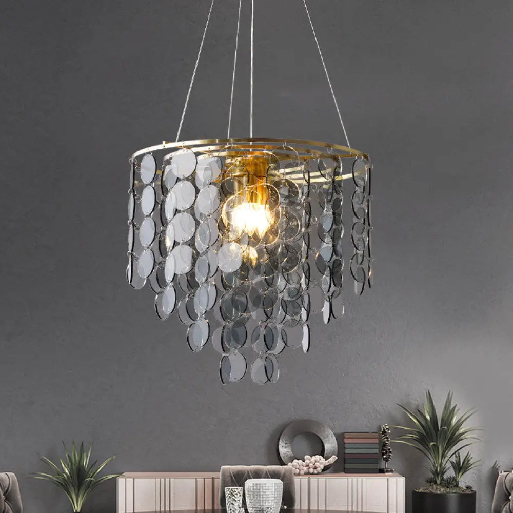 Modern Gold Taper Chandelier Lamp With Circular-Crystal Strands - 6 Heads For Great Room