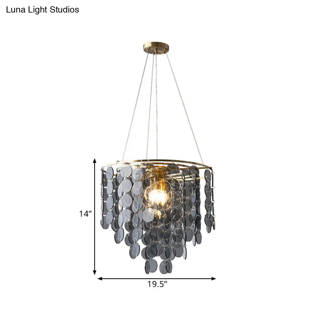 Modern Gold Taper Chandelier Lamp With Circular-Crystal Strands - 6 Heads Great Room Hanging Light