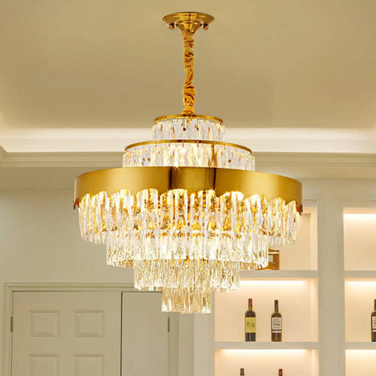 Modern Gold Tiered Crystal Chandelier 9/12 Lights Round Pendant Lighting For Dining Room