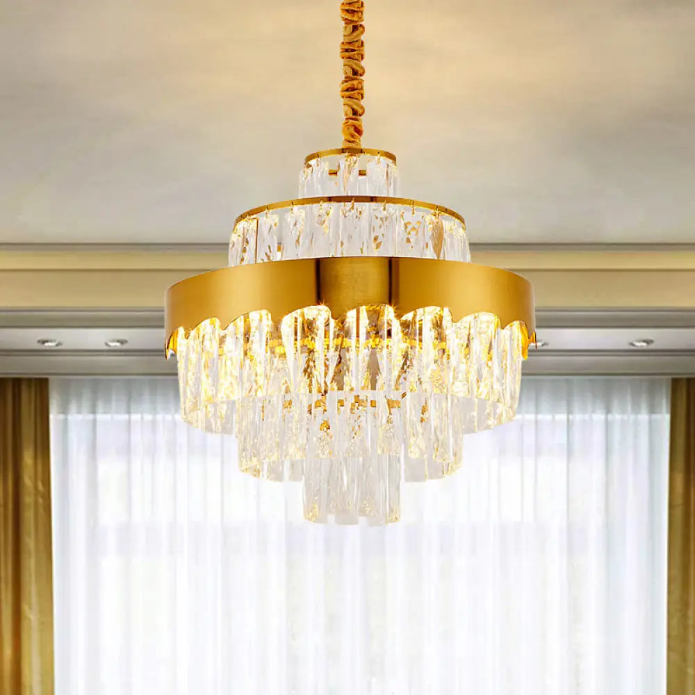 Modern Gold Tiered Crystal Chandelier 9/12 Lights Round Pendant Lighting For Dining Room