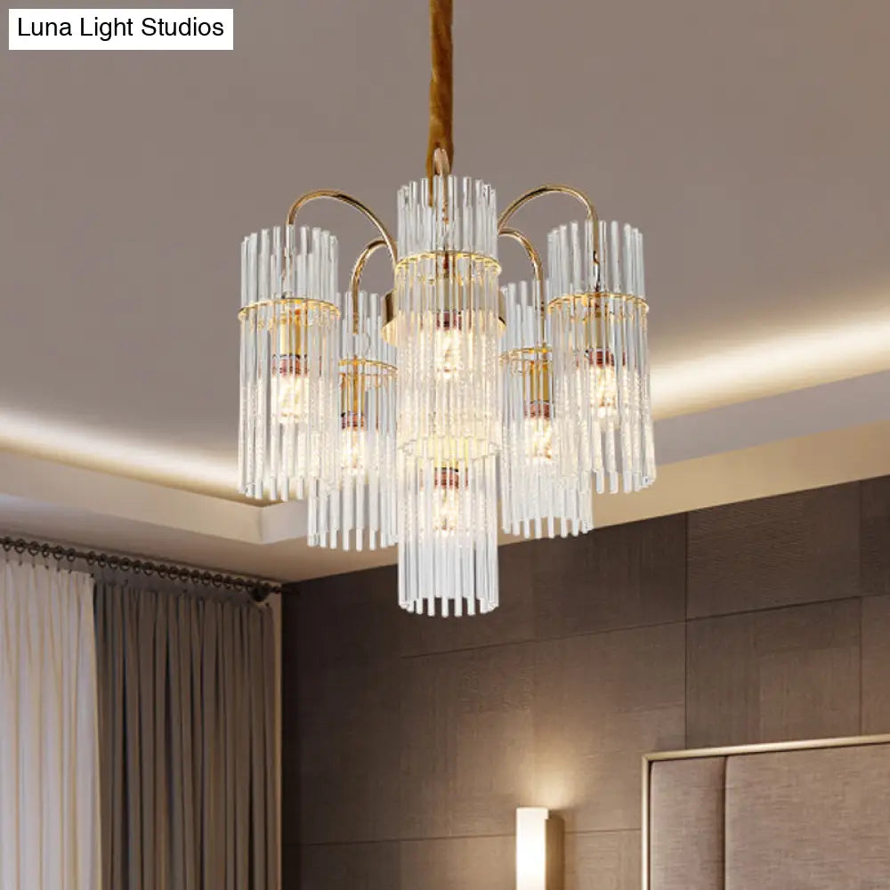 Modern Gold Tiered Cylinder Crystal Chandelier: 6-Head Dining Room Pendant