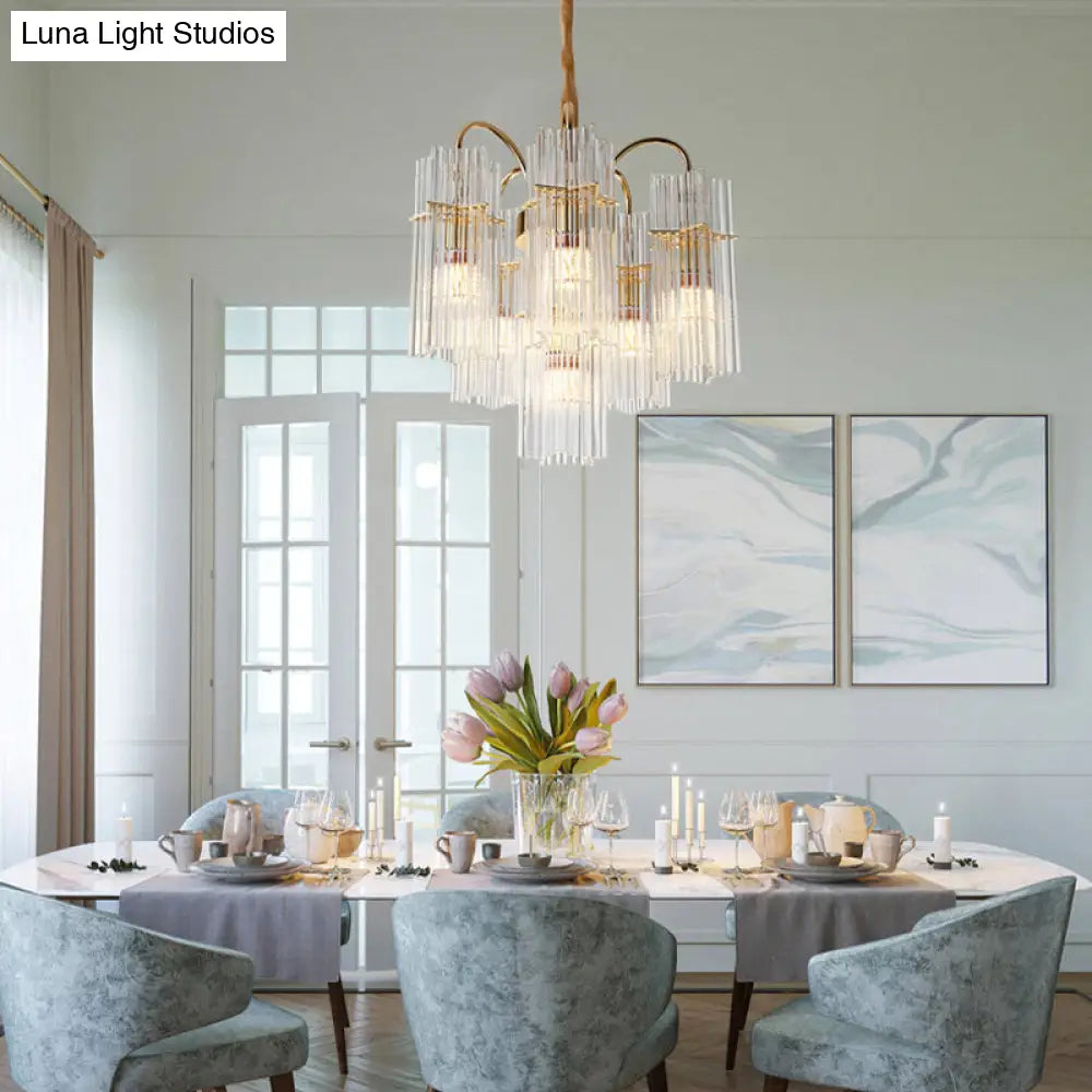 Modern Gold Tiered Cylinder Crystal Chandelier With 6 Heads For Dining Room Ceiling Pendant Light