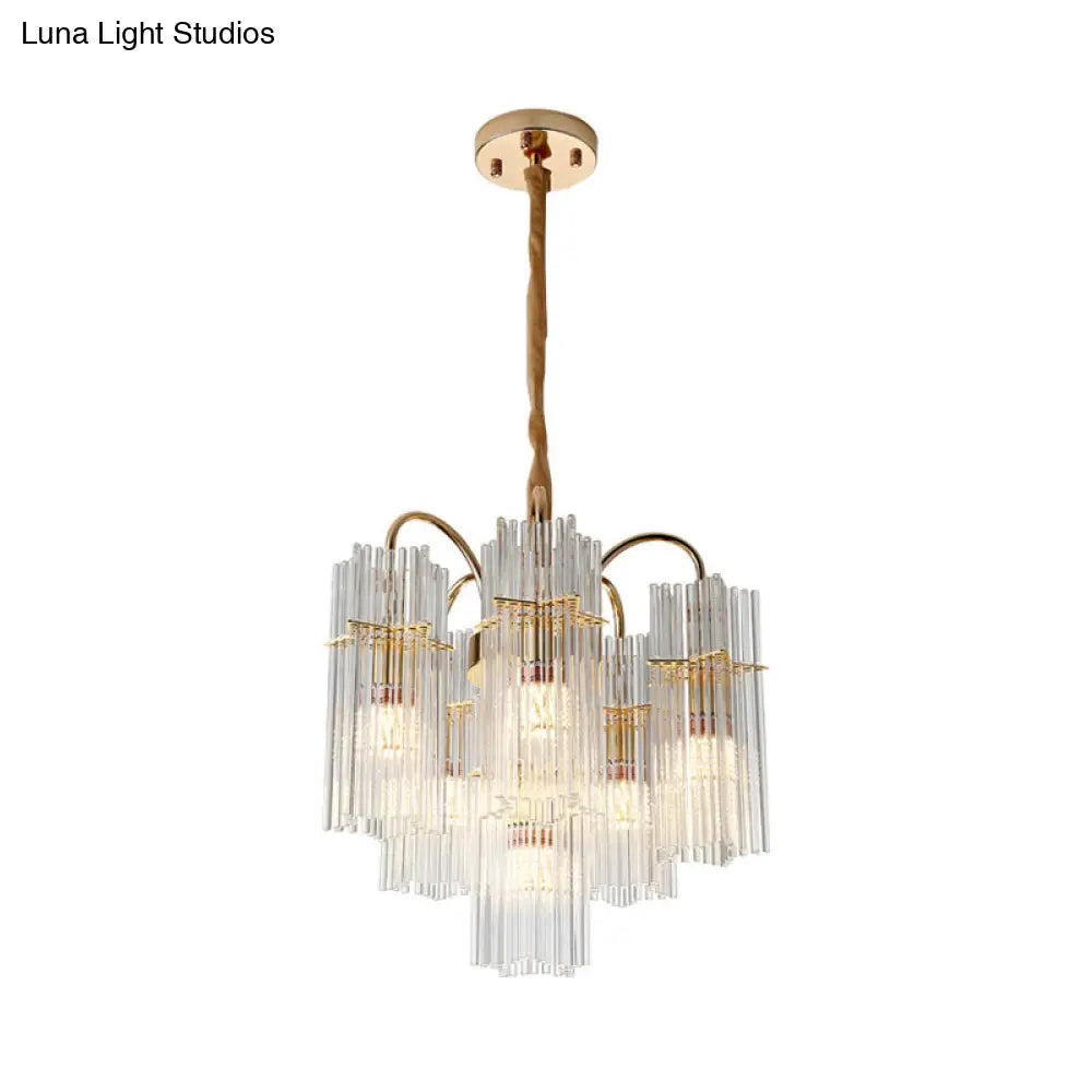 Modern Gold Tiered Cylinder Crystal Chandelier: 6-Head Dining Room Pendant