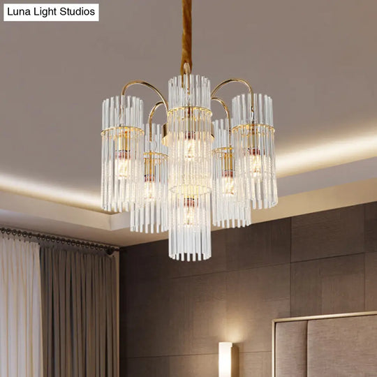 Modern Gold Tiered Cylinder Crystal Chandelier With 6 Heads For Dining Room Ceiling Pendant Light