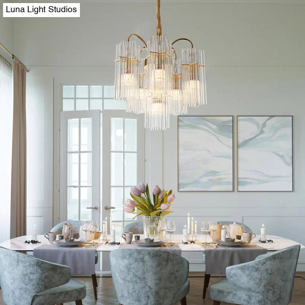 Modern Gold Tiered Cylinder Crystal Chandelier: 6-Head Dining Room Pendant