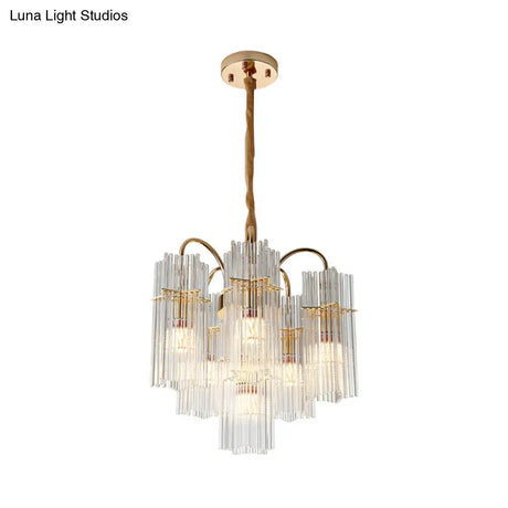Modern Gold Tiered Cylinder Crystal Chandelier: 6-Head Dining Room Pendant
