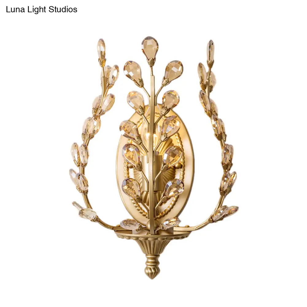 Modern Gold Vine Wall Lamp With Crystal Leaf Accent - 1 Light Metal Sconce For Living Room