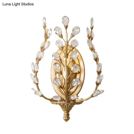 Modern Gold Vine Wall Lamp With Crystal Leaf Accent - 1 Light Metal Sconce For Living Room