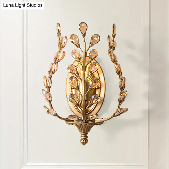 Modern Gold Vine Wall Lamp With Crystal Leaf Accent - 1 Light Metal Sconce For Living Room