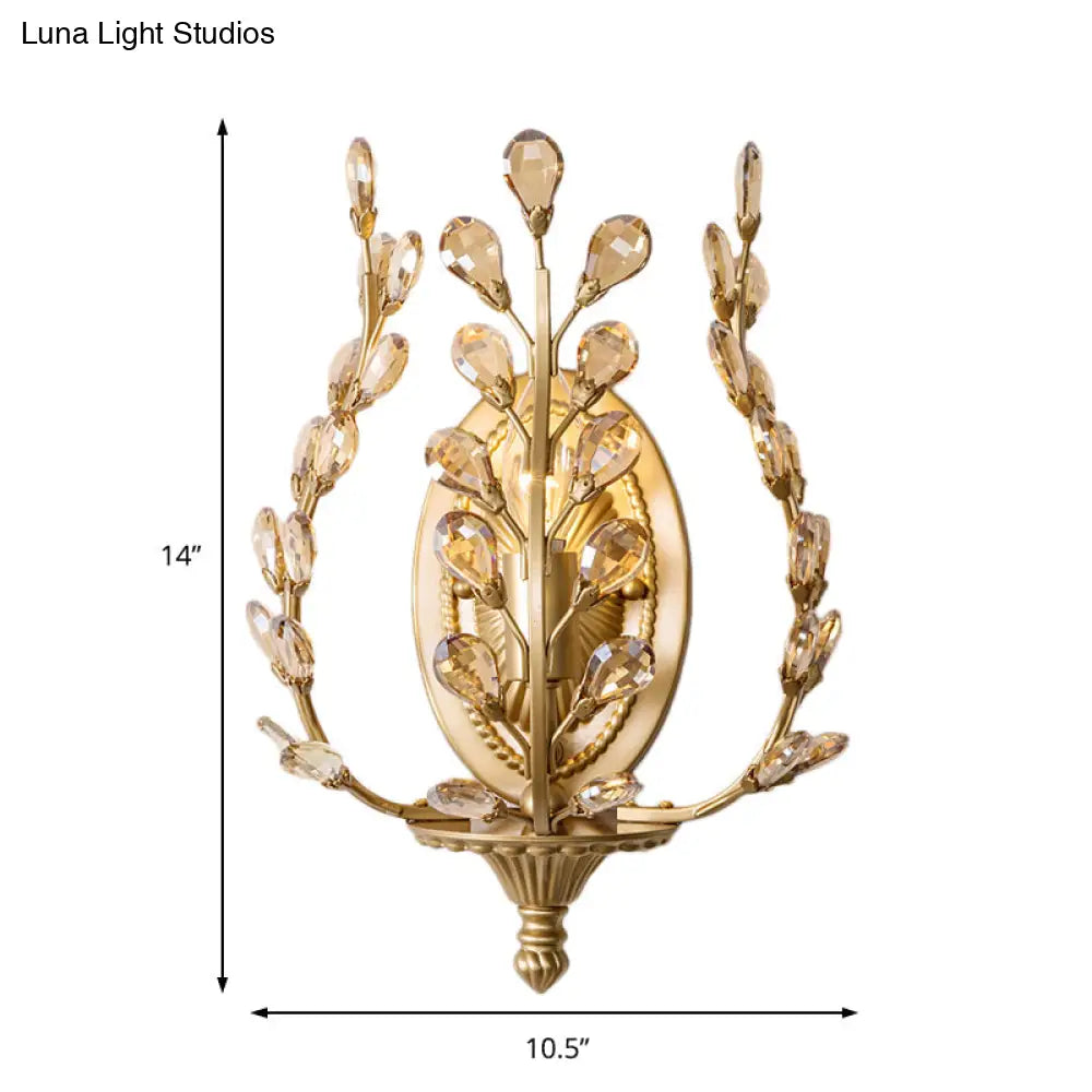 Modern Gold Vine Wall Lamp With Crystal Leaf Accent - 1 Light Metal Sconce For Living Room