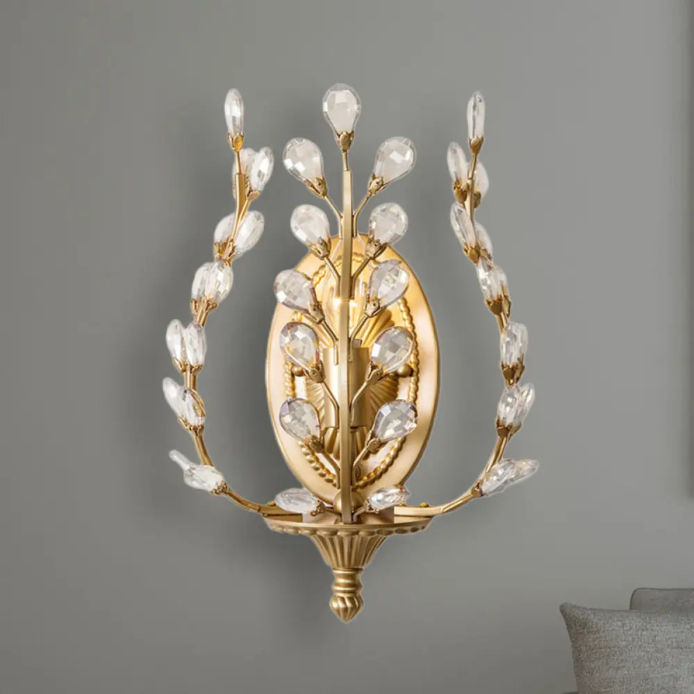 Modern Gold Vine Wall Lamp With Crystal Leaf Accent - 1 Light Metal Sconce For Living Room Clear