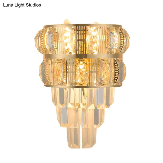 Modern Gold Wall Lamp With Clear K9 Crystal 3-Bulb Layered Design