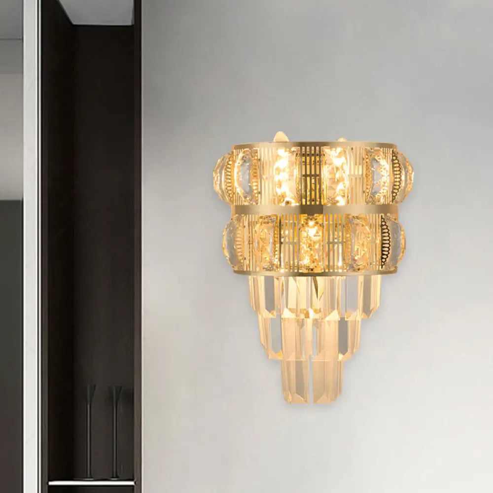 Modern Gold Wall Lamp With Clear K9 Crystal 3-Bulb Layered Design