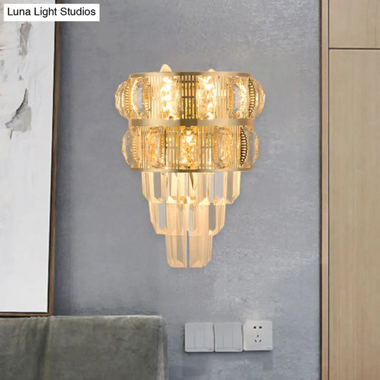 Modern Gold Wall Lamp With Clear K9 Crystal 3-Bulb Layered Design