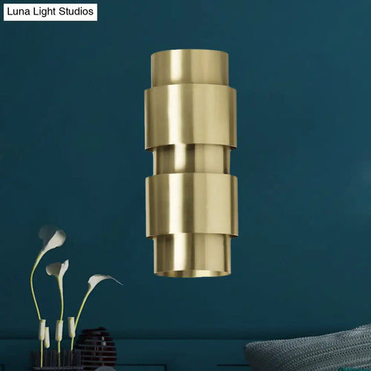 Modern Gold Wall Mount Lamp With Cylinder Metal Shade - 2 Heads Foyer Sconce