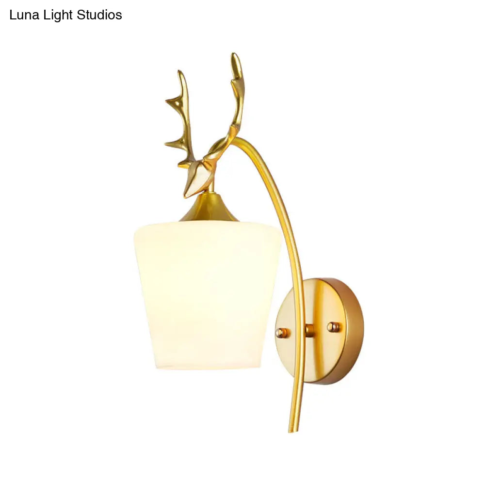 Modern Gold Wall Mount Light Fixture With Opal Glass And Metal Elk - Conical Sconce