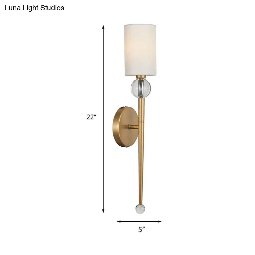 Modern Gold Wall Mount Light With Crystal Accent - Fabric Cylindrical Sconce For Living Room (1