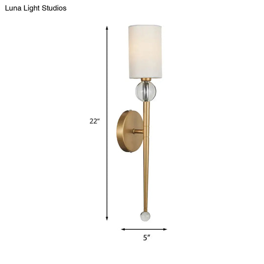 Modern Gold Wall Mount Light With Crystal Accent - Fabric Cylindrical Sconce For Living Room (1