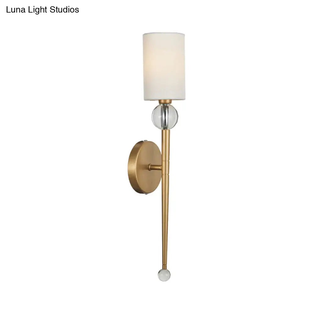 Modern Gold Wall Mount Light With Crystal Accent - Fabric Cylindrical Sconce For Living Room (1