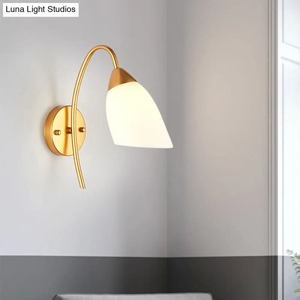 Modern Gold Wall Mount Sconce With Flare White Glass Shade For Bedroom