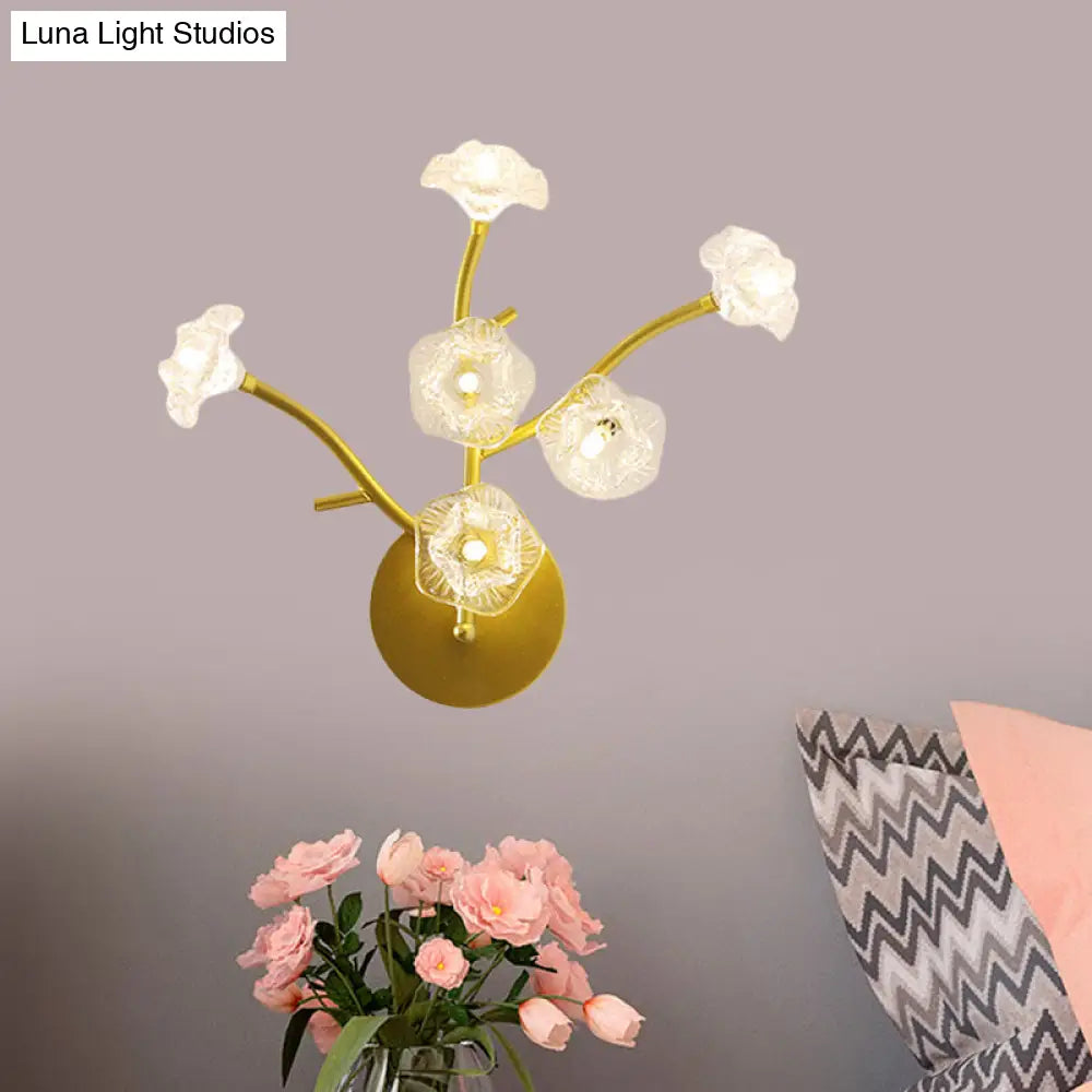 Modern Gold Wall Sconce: Floral Bedside Lamp With Transparent Glass And 6 Bulbs