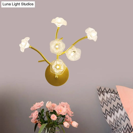 Modern Gold Wall Sconce: Floral Bedside Lamp With Transparent Glass And 6 Bulbs