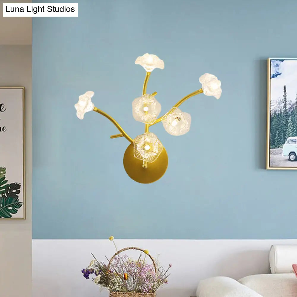 Modern Gold Wall Sconce: Floral Bedside Lamp With Transparent Glass And 6 Bulbs