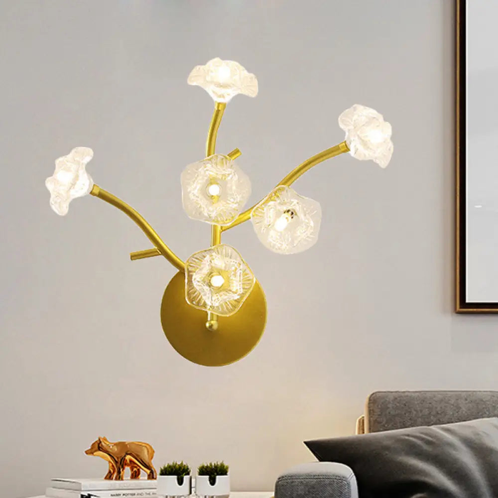 Modern Gold Wall Sconce: Floral Bedside Lamp With Transparent Glass And 6 Bulbs