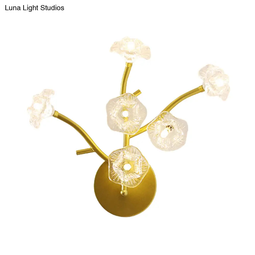 Modern Gold Wall Sconce: Floral Bedside Lamp With Transparent Glass And 6 Bulbs