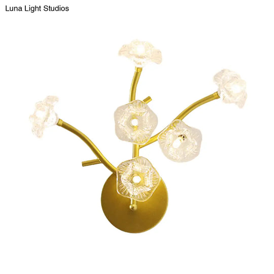 Modern Gold Wall Sconce: Floral Bedside Lamp With Transparent Glass And 6 Bulbs