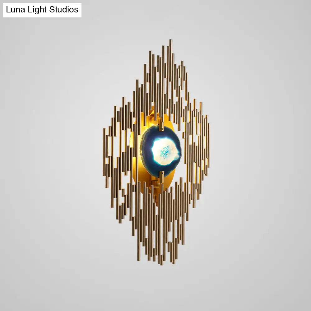 Modern Gold Wall Sconce With Agate Deco - 1 Light Metallic Rhombus Design For Living Room Lighting