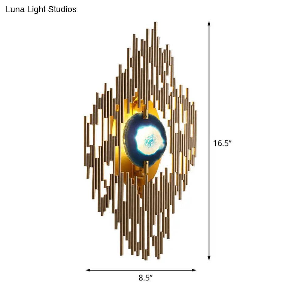 Modern Gold Wall Sconce With Agate Deco - 1 Light Metallic Rhombus Design For Living Room Lighting