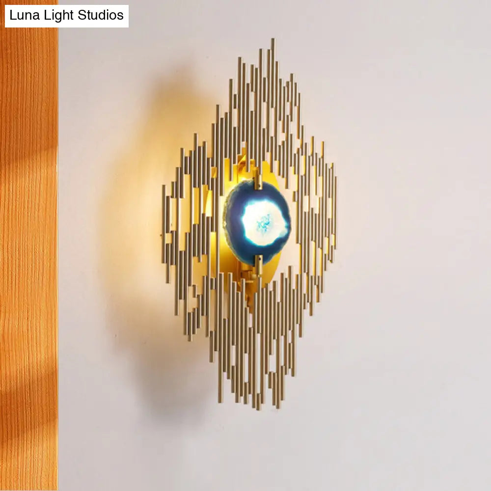 Modern Gold Wall Sconce With Agate Deco - 1 Light Metallic Rhombus Design For Living Room Lighting