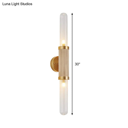 Modern Gold Wall Sconce With Fluted Glass And Dual Tubular Heads