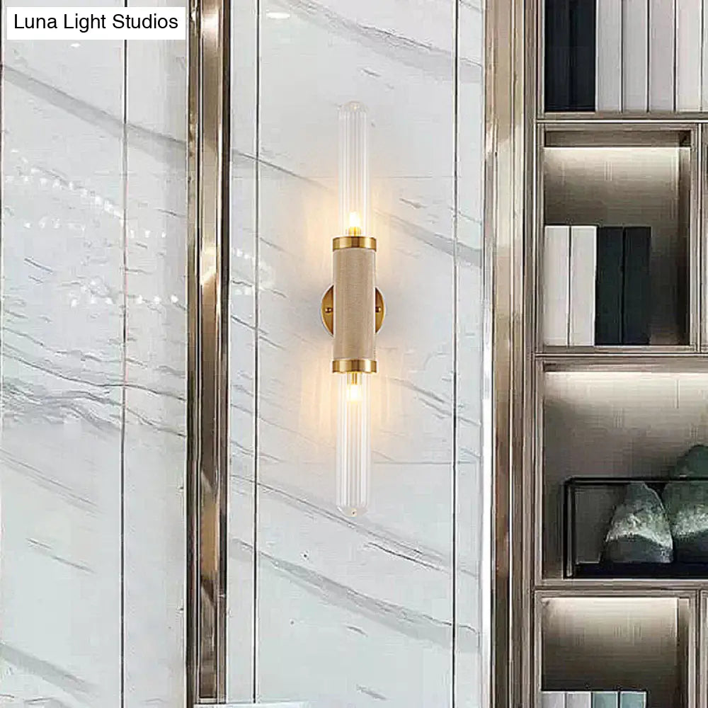 Modern Gold Wall Sconce With Fluted Glass And Dual Tubular Heads