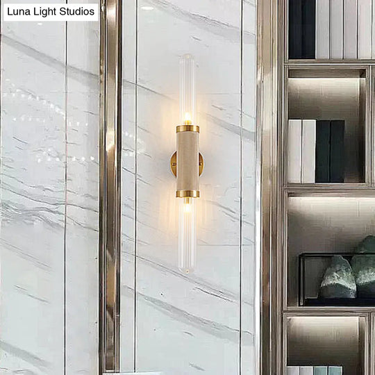 Modern Gold Wall Sconce With Fluted Glass And Dual Tubular Heads