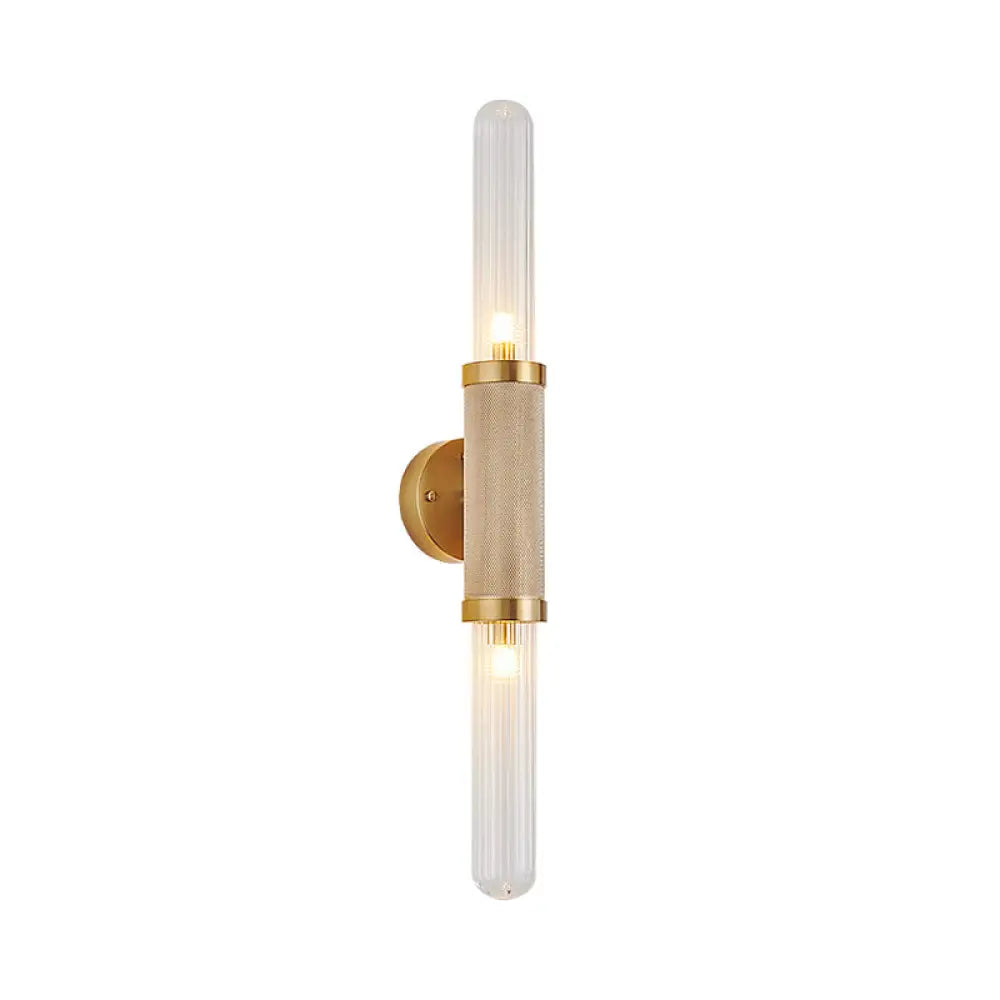 Modern Gold Wall Sconce With Fluted Glass And Dual Tubular Heads