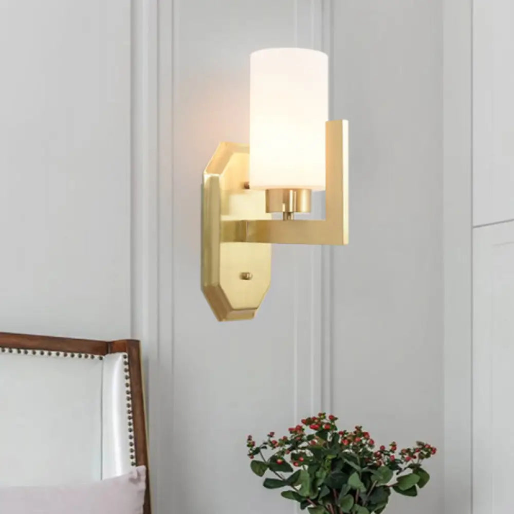 Modern Gold Wall Sconce With Tubular Milk Glass Shade For Living Room