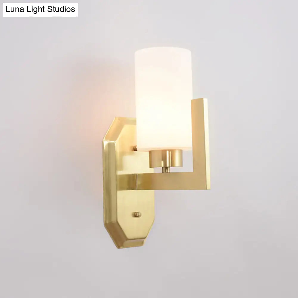 Modern Gold Wall Sconce With Tubular Milk Glass Shade For Living Room