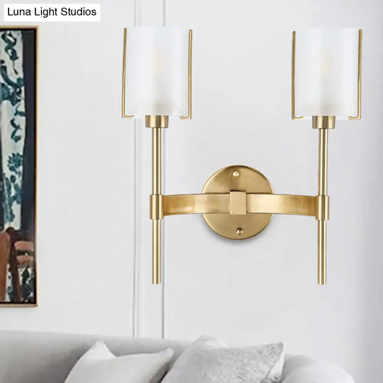 Modern Gold Wall Sconce With White Glass Shade - 2 Bulb Metal Light Fixture