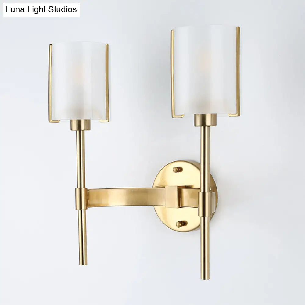 Modern Gold Wall Sconce With White Glass Shade - 2 Bulb Metal Light Fixture